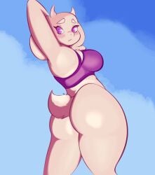 absurd_res anthro arm_above_head ass big_breasts big_butt bikini bikini_thong bikini_top blush blush_lines bovid breasts caprine closed_smile clothing cloud day ebiy eyelashes female fur goat hi_res horn long_ears looking_back mammal mature_anthro mature_female mouth_closed outside pinup pose purple_bikini purple_bikini_top purple_clothing purple_eyes purple_swimwear scut_tail short_tail sky smile solo standing swimwear tail toriel undertale_(series) white_body white_fur wide_hips