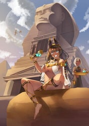 2girls bare_midriff bare_shoulders barefoot black_hair blue_eyes bracelet bracelets bright_eyes dark-skinned_female dark_skin egyptian egyptian_clothes egyptian_clothing egyptian_vulture fangs female female_focus female_only glowing_eye gold_(metal) gold_jewelry great_sphinx_of_giza headband inner_sideboob large_breasts long_hair midriff navel navel_cutout open_clothes red_eyes see-through see-through_clothing servant short_hair sitting smile sphinx standing tagme transparent_clothing water white_hair yaya_(artist)