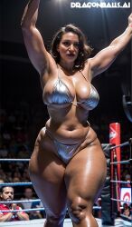 ai_generated arms_up belly_button big_breasts big_hips big_thighs bikini breasts brown_hair busty curvy detailed_background female female_focus front_view group human long_hair looking_at_viewer midriff muscular muscular_female solo_focus standing thick three-quarter_portrait wrestling wrestling_ring wwe wwe_diva
