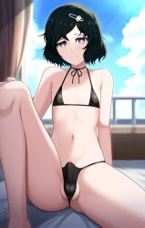 1boy ai_generated black_bikini black_hair bulge bulge_through_clothing erection flat_chest legs_apart micro_bikini nai_diffusion navel novelai short_hair steins;gate testicles trap urushibara_ruka