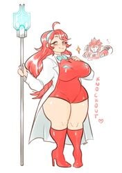 big_breasts blush boots booty_shorts bowtie cameltoe coat decepticon dress glistening_hair hairband hand_on_breast heart heels huge_breasts humanformers humanized knock_out_(transformers) labcoat massive_breasts red_dress red_eyes red_hair rule_63 sasu_(artist) scepter staff thick_thighs tight_clothing transformers transformers_prime villain