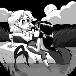 bare_shoulders black_and_white black_hair blush breasts breasts_on_lap cleavage clouds collar cute eyebrows eyelashes fangs female fins grass lagoon long_hair mermaid mermaid_girl mermaid_tail monochrome moon night night_sky pants pointed_ears pointy_ears pond resting_on_partner sharp_teeth shirt_collar shoulder_length_hair shoulders siren uncolored water yuri