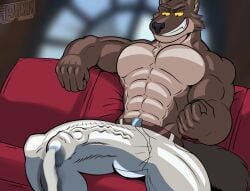 animated anthro barazoku bodily_fluids bulge canid canine canis clothing cum cumshot dreamworks ejaculation flexing genital_fluids hi_res j450n2080 leaking male male_only mamal mammal mr._wolf_(the_bad_guys) muscular solo the_bad_guys throb underwear wolf wood