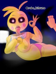 breasts five_nights_at_freddy's fnaf laying_down one_breast_out oral_invitation robokitsune robot robot_girl toy_chica_(fnaf)