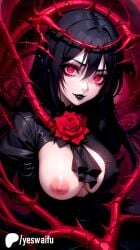 1girls ai_generated big_breasts black_hair breasts breasts_out glowing_eyes goth goth_girl nipple_slip nipples red_eyes rose_(flower) thorns uncensored yeswaifu