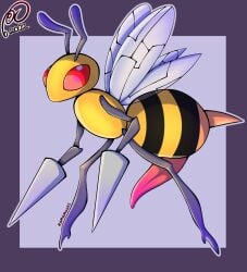 animal_genitalia antennae_(anatomy) arthropod bee beedrill erection feral genitals hi_res hymenopteran insect_wings insects male nintendo penis pokémon_(species) pokemon ramerooni red_eyes simple_background solo stinger striped_body stripes video_games wings yellow_body