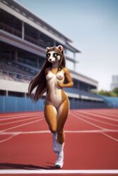 1girls ai_generated anthro breasts brown_hair brunette female ferret naughty_ferrets nude running running_track shoes track