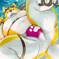 2024 anthro anus ass balls belly big_belly canid canine canis clothing domestic_dog fur genitals hi_res jockstrap kemono kuritama male male_focus mammal moobs navel nipples overweight overweight_male overweight_male_focus solo underwear water white_body white_fur yellow_body