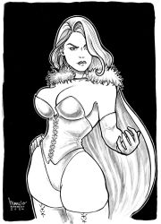 black_and_white breasts cape cleavage corset curvy curvy_female emma_frost female female_only hellfire_club large_breasts marcio_fernandes marvel marvel_comics opera_gloves panties thick_thighs white_queen x-men