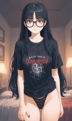 ai_generated bangs bedroom black_hair black_panties emo female glasses goth_girl grey_eyes lingerie nerd no_pants original_character painted_nails panties shirt t-shirt thong