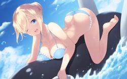 ;d ass bare_arms bare_legs bare_shoulders barefoot bikini blend_s blonde_hair blue_bikini blue_eyes blue_sky blush breasts cait_aron cleavage cloud collarbone commentary day dutch_angle female hair_bun hair_up highres hinata_kaho holding inflatable_toy large_breasts looking_at_viewer one_eye_closed open_mouth outdoors photoshop_(medium) sidelocks single_hair_bun sky smile soles solo swimsuit teeth upper_teeth_only water