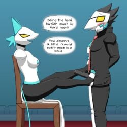 1:1 anthro blush bodily_fluids breasts caressing_cheek chair clothing darkner deltarune dialogue dominant dominant_female duo english_text feet female foot_fetish foot_play footjob foreskin furniture genital_fluids genitals gentle_femdom hi_res humanoid_feet male male/female medium_breasts muscular muscular_male necktie nipples partially_retracted_foreskin penis precum sex side_view swatch_(deltarune) tasque_manager_(deltarune) text undertale_(series) vein veiny_penis video_games xevv