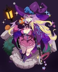 1girls blonde_hair cesselia_(lightsource) cresselia female female_only halloween humanized lightsource long_hair looking_at_viewer magical_girl magical_girl_outfit narrowed_eyes nintendo pink_eyes pokémon_(species) pokemon pokemorph pumpkin rotom solo solo_female sparkles staff very_high_resolution witch_hat