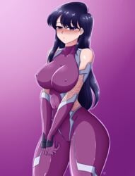 1girls big_breasts blush bodysuit breasts cosplay crossover erect_nipples_under_clothes eye_contact female female_focus female_only igawa_asagi_(cosplay) kmkz-art komi-san_wa_komyushou_desu komi_shouko large_breasts long_hair looking_at_viewer pokies solo standing taimanin_asagi thick_thighs wide_hips