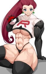 abs blue_eyes breasts elbow_gloves extreme_muscles female gloves jessie_(pokemon) long_hair looking_at_viewer muscles musctonk muscular muscular_female navel nintendo pokeball pokemon purple_hair solo team_rocket thong underboob