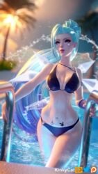 1girls 3d alternate_costume aqua_hair asian bikini blue_eyes blue_hair cute cyan_eyes cyan_hair eyelashes female female_only k/da_all_out_seraphine k/da_all_out_series k/da_series kinkykatt3d league_of_legends light-skinned_female light_skin long_hair long_ponytail nude pale-skinned_female pale_skin petite pink_eyeshadow pink_lipstick pinup ponytail pool poolside riot_games seductive_eyes seductive_look seraphine_(league_of_legends) solo teenager