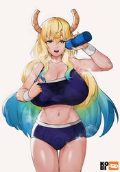 1girls 2021 :o absurdres airing_out alternate_costume artist_name big_breasts black_eyes blonde_hair blue_hair booty_shorts bottle breasts breath buruma dragon_girl dragon_horns dragon_humanoid exercise green_eyes green_hair heavy_breathing heterochromia highres horns huge_breasts kobayashi-san_chi_no_maidragon kobi420 long_hair looking_at_viewer miss_kobayashi's_dragon_maid multicolored_hair navel open_mouth quetzalcoatl_(dragon_maid) signature smiling sports_bikini sports_bra sportswear steam steaming_body sweat sweatdrop teeth tongue upper_teeth water_bottle watermark white_background white_skin