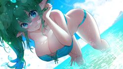 absurd_res beach big_breasts blue_eyes breasts cleavage clothed clothing elf female green_hair hair hi_res horny humanoid humanoid_pointy_ears looking_at_viewer sea seaside smile smiling_at_viewer solo sumisumii water wet white_body