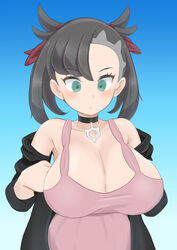 1girls alternate_breast_size aqua_eyes big_breasts black_hair blush breasts choker dress female hair_ribbon huge_breasts jacket kukanugi large_breasts marnie_(pokemon) nintendo pink_dress pokemon pokemon_ss surprised twintails upper_body