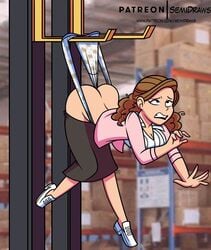 1girls ass black_skirt dress_shirt female forklift hanging_wedgie office_lady pam_beesly panties pencil_skirt secretary semidraws solo the_office underwear wedgie