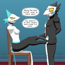 1:1 anthro blush bodily_fluids breasts caressing_cheek chair clothing cum cum_on_feet cum_on_leg cum_on_penis darkner deltarune dialogue dominant dominant_female duo english_text feet female foot_fetish foot_play footjob foreskin furniture genital_fluids genitals gentle_femdom hi_res humanoid_feet male male/female medium_breasts muscular muscular_male necktie nipples partially_retracted_foreskin penis sex side_view swatch_(deltarune) tasque_manager_(deltarune) text undertale_(series) vein veiny_penis video_games xevv