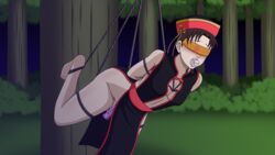 1girls alternate_costume barefoot blindfold blush bondage breasts brown_hair center_opening chinese_clothes dildo dildo_in_pussy dress_lift feet feet_up female female_only forest gag genital_fluids hat headwear improvised_gag jikage_rising naruto naruto_(series) naruto_shippuden no_bra outdoors panties panties_in_mouth panties_removed sex_toy smilingdog solo solo_focus tenten tied_up wet wet_pussy