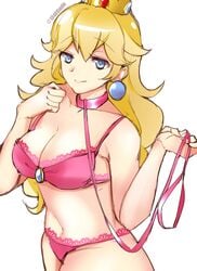 1340smile alternate_costume blonde_hair breasts collar crown enslaved_royal female femsub happy_sub leash mario_(series) nintendo princess princess_peach sex_slave slave slavegirl solo tagme underwear white_background