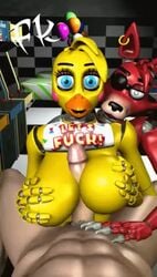 2girls 3d animated animatronic areola big_breasts blue_eyes eyepatch eyepatch_lift f-kn five_nights_at_freddy's foxy_(fnaf) licking_cheek mp4 nipples no_sound paizuri pov source_filmmaker tagme titjob toy_chica_(fnaf) video wink yellow_nipples