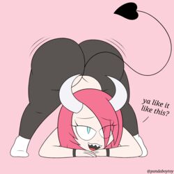 1girls 2021 5_fingers big_ass black_wristbands black_yoga_pants blue_eyes bubble_butt cute demon demon_girl female jack-o_pose original_character pandaboytoy pink_hair sharp_teeth shortstack succubus tagme trinity_(pandaboytoy) wristbands yoga_pants