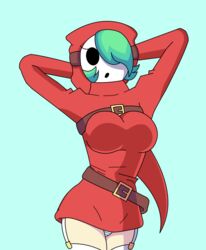 1girls big_breasts black_eyes breasts clothing expressionless female female_only garter_straps green_hair hair_over_one_eye hands_behind_head light-skinned_female light_skin looking_at_viewer mario_(series) masked masked_female nintendo panties shy_gal shy_gal_red simple_background solo_female stockings tagme