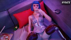 1girls 3d blender blue_hair cyberpunk_2077 evelyn_parker female female_focus female_only front_view light-skinned_female looking_at_viewer medium_hair no_panties nvmfx presenting shaved_pussy sitting skirt small_breasts solo_female