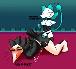 1boy 1girl 1girls blush corset deltarune ejaculation female_penetrating female_penetrating_male femdom garter_belt male_penetrated pegging snaxattacks stockings strap-on strapon swatch_(deltarune) taken_from_behind tasque_manager_(deltarune) whip