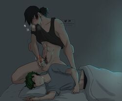 2boys black_hair bodily_fluids cum cute_male gay genital_fluids genitals hand_on_penis hanta_sero izuku_midoriya lying_down male male/male male_only masturbation my_hero_academia penis penis_grab ponytail pubes pubic_hair shirt_bite shirt_in_mouth sleeping somnophilia tsukiafterdark yaoi