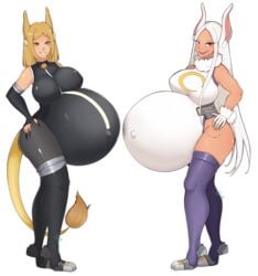 2girls big_breasts bodysuit breasts female female_only huge_belly hyper_belly hyper_pregnancy large_breasts miruko my_hero_academia pregnant rabbit_humanoid rabidbunny ready_to_pop rumi_usagiyama thighhighs tight_clothing