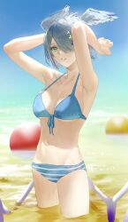 1girls armpits arms_behind_head arms_up bare_midriff belly_button big_breasts bikini blue_bikini blue_hair cleavage covered_eye dragon_girl dragon_wings elira_pendora exposed_midriff eye_covered hair_covering_eye hair_over_one_eye hair_wings hairclip head_wings hi_res highres hip_wings looking_at_viewer midriff navel nijisanji nijisanji_en one_eye_covered one_eye_obstructed partially_submerged senjou216 short_hair solo solo_female solo_focus striped_bikini_bottom submerged_legs swimsuit swimwear virtual_youtuber x_hair_ornament