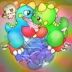 1:1 3_fingers 3_toes absurd_res anus argon_vile ass balls baron_von_blubba blue_body blue_scales bob_(bubble_bobble) bodily_fluids bub_(bubble_bobble) bubble bubble_bobble bubble_dragon bubble_filling clock cum cumshot digital_media_(artwork) drooling ejaculation erection eye_contact feet fingers french_kissing genital_fluids genitals ghost green_body green_scales group group_sex hi_res kissing looking_at_another male male/male male_penetrating monsta nude object_entrapment open_mouth penetration penis rainbow_background red_eyes saliva scales scalie sex simple_background spirit taito threesome toes tongue trapped_in_bubble vein veiny_penis video_games waiting watch