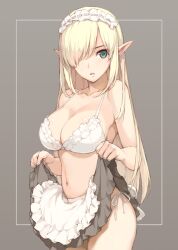 big_breasts blonde_hair bra cleavage elf elf_ears female female_only frilled_skirt frills green_eyes hair_over_one_eye looking_at_viewer maid maid_headdress morisawa_haruyuki original pointy_ears side-tie_panties skirt_lift solo white_bra