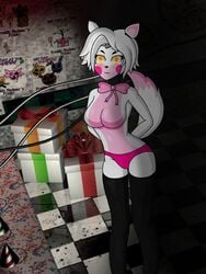 :3 an_hydrolyst arms_behind_back blush bowtie breasts cute featureless_breasts five_nights_at_freddy's five_nights_at_freddy's_2 five_nights_in_anime fox_ears fox_tail half_naked mangle_(fnaf) mangle_(fnia) pink_body solo tagme thighhighs two_tone_fur white_body