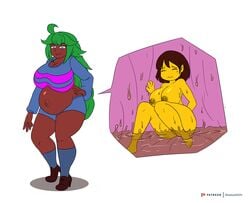 2021 big_belly big_breasts brown_hair brown_skin commission cosplay frisk green_hair original_character shadow2007x stolen_clothes undertale vore x-ray yellow_skin