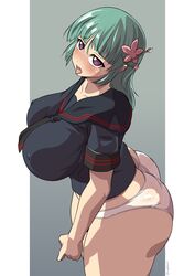 1girls ass bashou_(senran_kagura) big_ass big_breasts big_butt breasts eye_contact fat_ass flower_in_hair green_hair huge_breasts large_ass large_breasts long_hair looking_at_viewer nipple_bulge panties senran_kagura senran_kagura_(series) solo standing suphesol sweat thick_ass tongue_out wide_hips