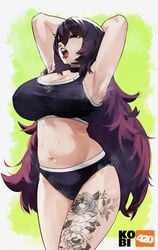 armpit big_breasts breasts goth kobi420 lip_piercing long_hair nova_(hexorcist) open_mouth raised_arm sports_bra sportswear steam sweat tattoo thigh_tattoo wet white_skin