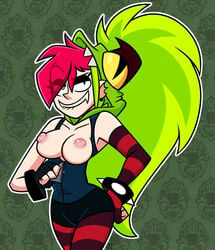 1girls 2021 2d areola biting_lip breasts breasts_out cartoon_network clothing demencia_(villainous) ear_piercing fangs fingerless_gloves green_background green_eyes green_hair heterochromia hi_res long_hair looking_at_viewer multicolored_hair nipples ponytail red_highlights semidraws smile sole_female solo villain villainous white_skin