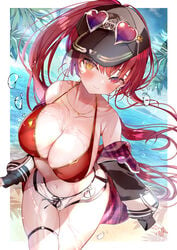 1girls 2021 absurdres bangs bare_shoulders beach bikini bikini_top black_headwear blush breasts cleavage collarbone earrings eyewear_on_head female female_focus female_only hat heart heart-shaped_eyewear heterochromia highres hololive hololive_fantasy hololive_japan houshou_marine jewelry large_breasts leaning_forward long_hair looking_at_viewer micro_shorts microshorts minishorts navel necklace niku_(hamuchang) ocean off_shoulder ponytail red-tinted_eyewear red_bikini red_bikini_top red_eyes red_hair short_shorts shorts smile solo solo_female swimsuit thigh_strap tinted_eyewear tropical virtual_youtuber yellow_eyes