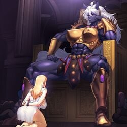 2d 7girls abs animal_ears armor bare_midriff biceps big_breasts big_dom_small_sub black-skinned_female black_skin blonde_hair blue_skin boobplate bound bracers breastplate clothing dominant_female expressionless female femdom femsub giantess gold_armor gold_bracers gold_breastplate gold_greaves greaves hokuto_no_ken horse_ears horse_girl human humanized humanoid kisuu kneeling kokuoh larger_female legs_spread loincloth muscular muscular_arms muscular_female muscular_thighs shounen_jump sitting size_difference slavegirl smaller_female spiked_pauldrons spread_legs throne white_hair worship yuri