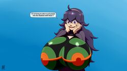 1girls 2021 blue_background bodypaint breasts breasts_out dusk_ball exposed_breasts female hex_maniac huge_breasts long_hair pokeball pokemon purple_eyes purple_hair simple_background solo solo_female tagme ydbunny