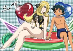 1boy 1girls ash_ketchum big_breasts bikini black_hair blonde_hair blue_eyes brown_eyes cleavage cynthia cynthia_(pokemon) female one-piece_bikini pokemon pokemon_(anime) swimming_trunks yxyyxy