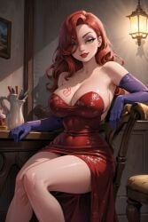 1girls ai_generated breasts cleavage dress eyeshadow female female_only gloves green_eyes jessica_rabbit large_breasts lipstick makeup purple_gloves queen_of_hearts red_dress red_hair red_lipstick sitting smile solo solo_female tattoo thick_thighs thighs thin_waist voluptuous who_framed_roger_rabbit yuroart