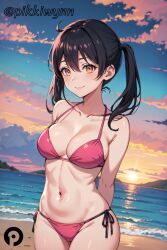 ai_generated arms_behind_back bare_shoulders beach bikini black_hair blush breasts cleavage closed_mouth cloud collarbone cowboy_shot en'en_no_shouboutai enen_no_shouboutai female fire_force halterneck kotatsu_tamaki long_hair looking_at_viewer medium_breasts navel ocean outdoors pikkiwynn pink_bikini side-tie_bikini_bottom sky smile solo stomach string_bikini sunset swimsuit twintails