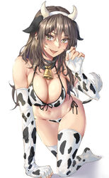 all_fours ashigara_(kantai_collection) big_breasts bikini brown_eyes brown_hair cleavage cow_bikini cow_ears cow_horns cow_print cow_print_armwear cow_print_thighhighs cowbell cute_fang elbow_gloves female female_only fingerless_gloves gloves hairband hanging_breasts kantai_collection kokuzou long_hair messy_hair side-tie_bikini smile solo thighhighs