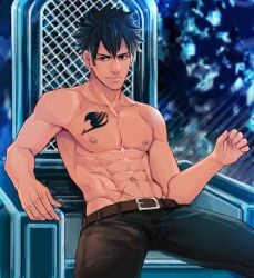 abs belt black_hair black_pants blue_eyes chair fairy_tail fit_male gray_fullbuster happy_trail male male_only maorenc scars sitting_on_chair sitting_on_throne solo solo_male tattoo throne